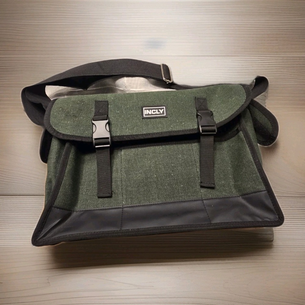 Incly Green Canvas Messenger Bag Laptop Crossbody Shoulder Satchel Vintage Style